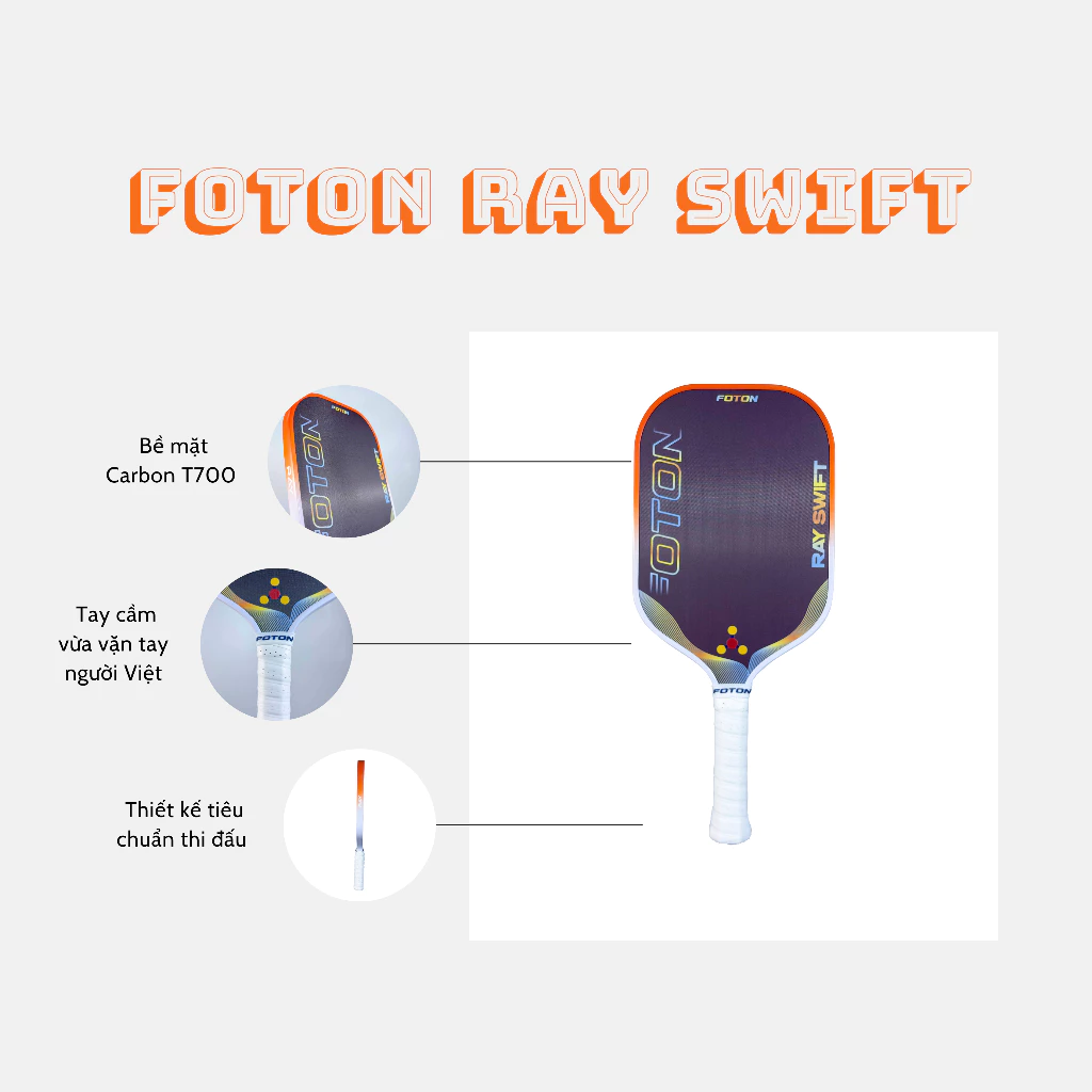 Vợt Pickleball Foton Ray Swift 16mm – Carbon Kiểm Soát Tốt, Dành Cho Người Mới Chơi